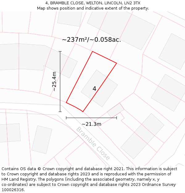 4, BRAMBLE CLOSE, WELTON, LINCOLN, LN2 3TX: Plot and title map