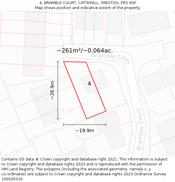 4, BRAMBLE COURT, CATTERALL, PRESTON, PR3 0NF: Plot and title map