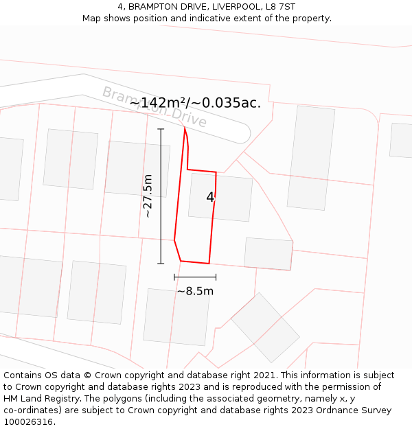 4, BRAMPTON DRIVE, LIVERPOOL, L8 7ST: Plot and title map