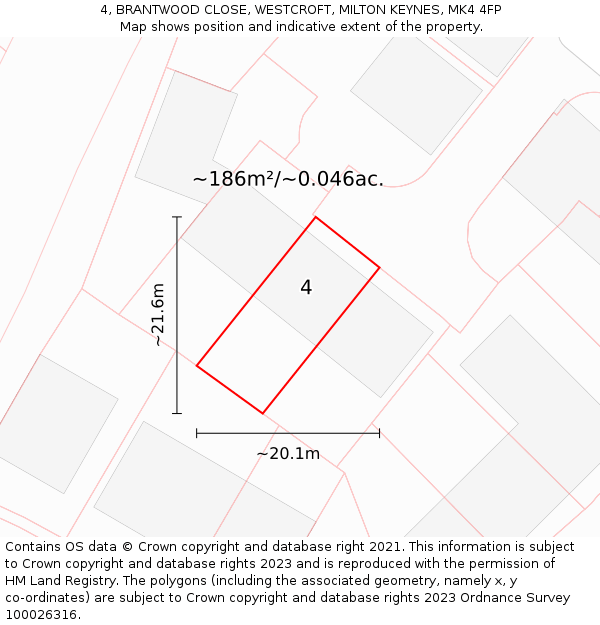 4, BRANTWOOD CLOSE, WESTCROFT, MILTON KEYNES, MK4 4FP: Plot and title map