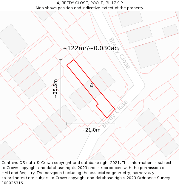 4, BREDY CLOSE, POOLE, BH17 9JP: Plot and title map