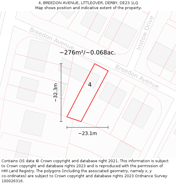 4, BREEDON AVENUE, LITTLEOVER, DERBY, DE23 1LQ: Plot and title map
