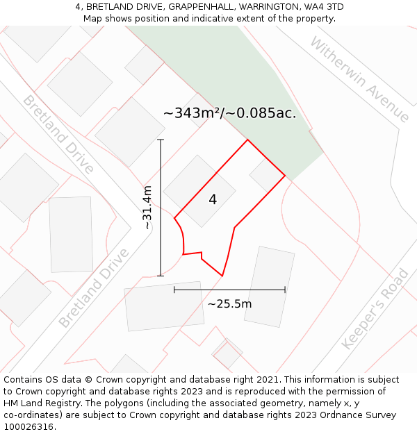 4, BRETLAND DRIVE, GRAPPENHALL, WARRINGTON, WA4 3TD: Plot and title map