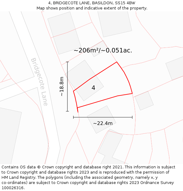 4, BRIDGECOTE LANE, BASILDON, SS15 4BW: Plot and title map