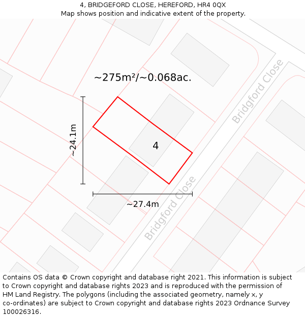 4, BRIDGEFORD CLOSE, HEREFORD, HR4 0QX: Plot and title map