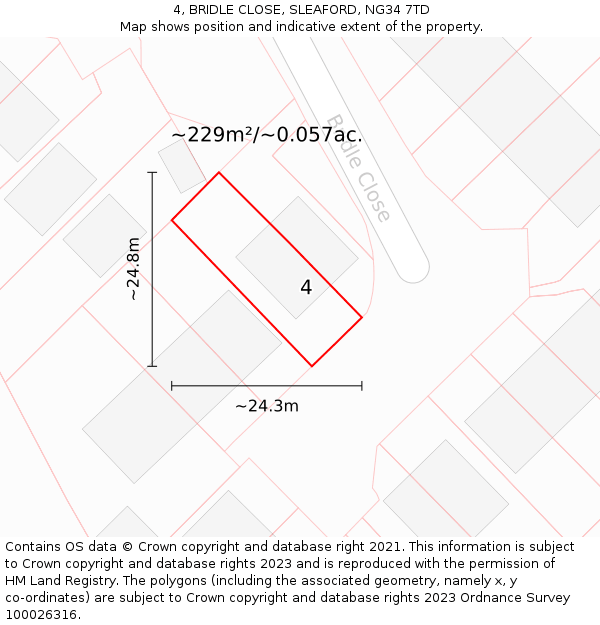 4, BRIDLE CLOSE, SLEAFORD, NG34 7TD: Plot and title map