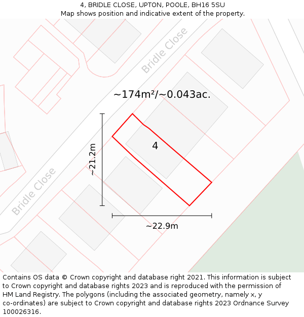 4, BRIDLE CLOSE, UPTON, POOLE, BH16 5SU: Plot and title map
