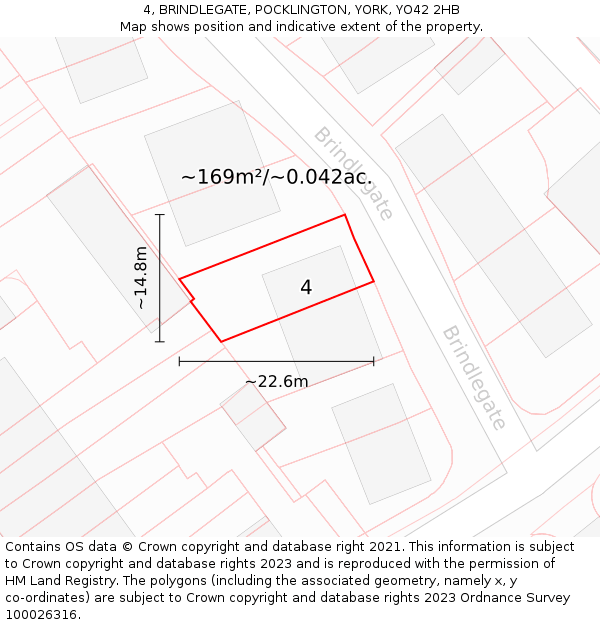 4, BRINDLEGATE, POCKLINGTON, YORK, YO42 2HB: Plot and title map
