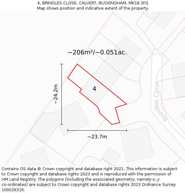 4, BRINDLES CLOSE, CALVERT, BUCKINGHAM, MK18 2FQ: Plot and title map