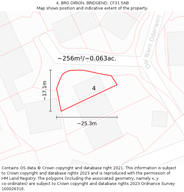 4, BRO DIRION, BRIDGEND, CF31 5AB: Plot and title map
