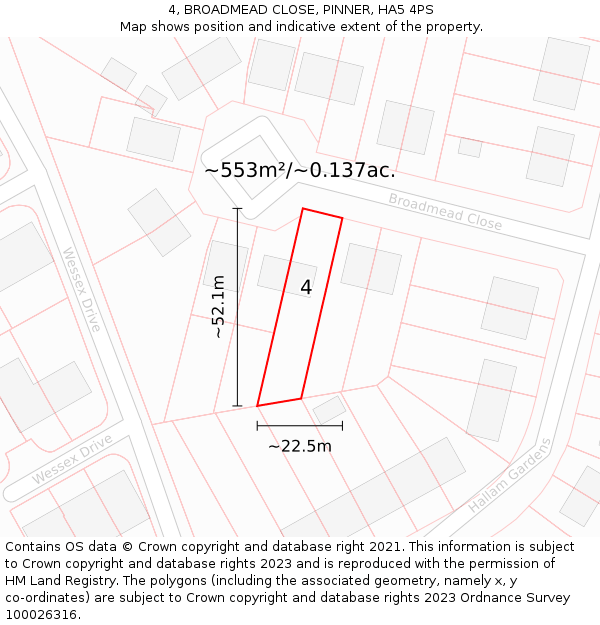 4, BROADMEAD CLOSE, PINNER, HA5 4PS: Plot and title map
