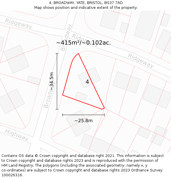 4, BROADWAY, YATE, BRISTOL, BS37 7AD: Plot and title map