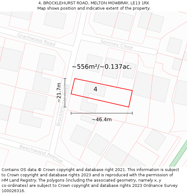4, BROCKLEHURST ROAD, MELTON MOWBRAY, LE13 1RX: Plot and title map