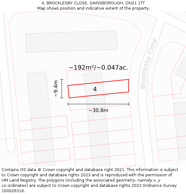4, BROCKLESBY CLOSE, GAINSBOROUGH, DN21 1TT: Plot and title map