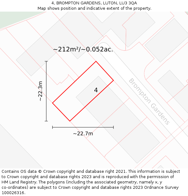 4, BROMPTON GARDENS, LUTON, LU3 3QA: Plot and title map