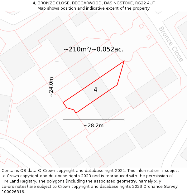 4, BRONZE CLOSE, BEGGARWOOD, BASINGSTOKE, RG22 4UF: Plot and title map