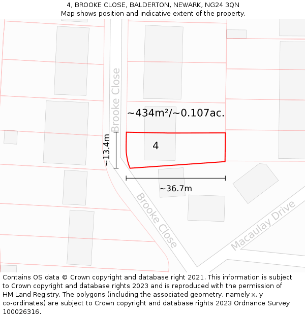 4, BROOKE CLOSE, BALDERTON, NEWARK, NG24 3QN: Plot and title map