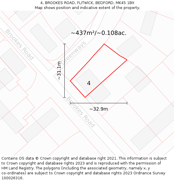 4, BROOKES ROAD, FLITWICK, BEDFORD, MK45 1BX: Plot and title map