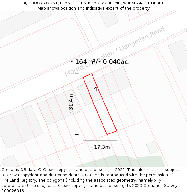4, BROOKMOUNT, LLANGOLLEN ROAD, ACREFAIR, WREXHAM, LL14 3RT: Plot and title map