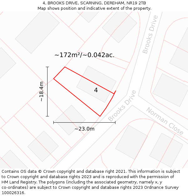 4, BROOKS DRIVE, SCARNING, DEREHAM, NR19 2TB: Plot and title map