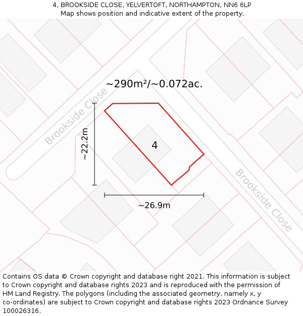 4, BROOKSIDE CLOSE, YELVERTOFT, NORTHAMPTON, NN6 6LP: Plot and title map