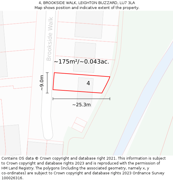 4, BROOKSIDE WALK, LEIGHTON BUZZARD, LU7 3LA: Plot and title map