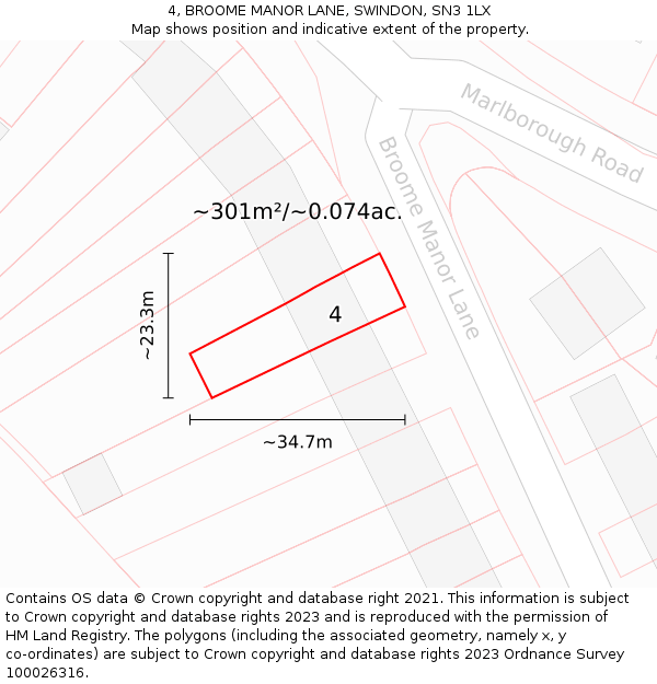 4, BROOME MANOR LANE, SWINDON, SN3 1LX: Plot and title map