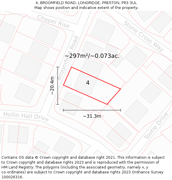 4, BROOMFIELD ROAD, LONGRIDGE, PRESTON, PR3 3UL: Plot and title map