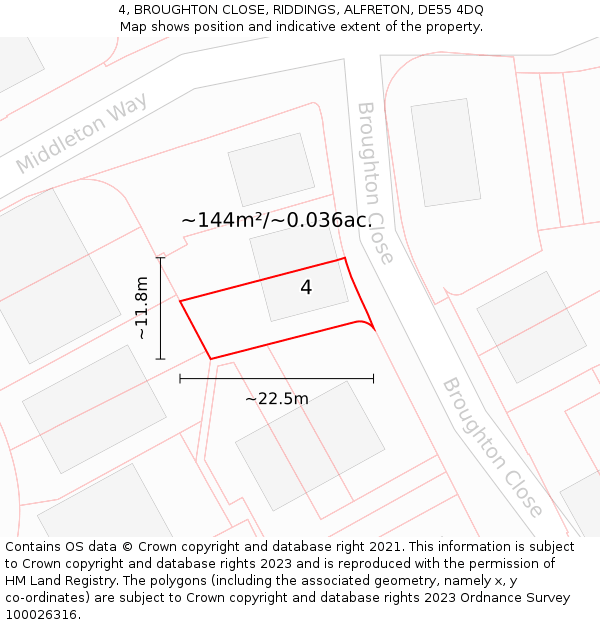4, BROUGHTON CLOSE, RIDDINGS, ALFRETON, DE55 4DQ: Plot and title map