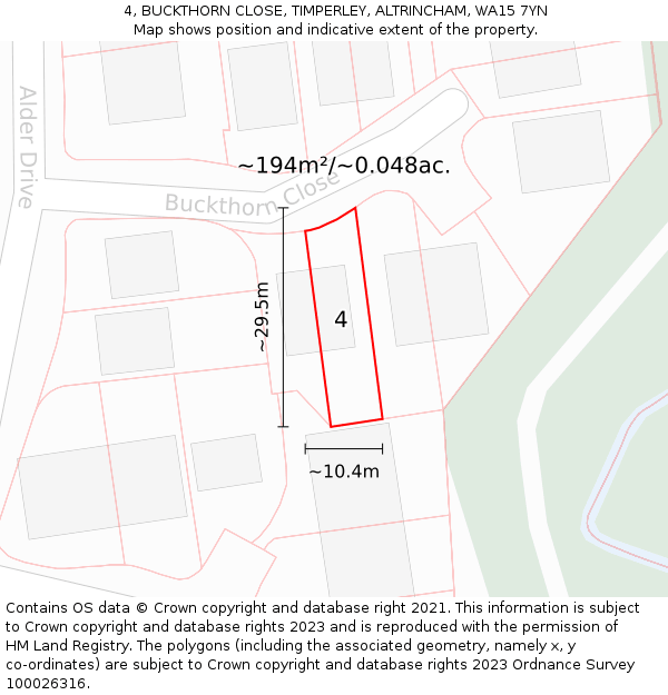 4, BUCKTHORN CLOSE, TIMPERLEY, ALTRINCHAM, WA15 7YN: Plot and title map