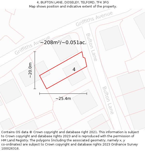4, BUFTON LANE, DOSELEY, TELFORD, TF4 3FG: Plot and title map