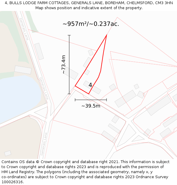4, BULLS LODGE FARM COTTAGES, GENERALS LANE, BOREHAM, CHELMSFORD, CM3 3HN: Plot and title map