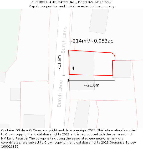 4, BURGH LANE, MATTISHALL, DEREHAM, NR20 3QW: Plot and title map