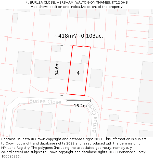 4, BURLEA CLOSE, HERSHAM, WALTON-ON-THAMES, KT12 5HB: Plot and title map