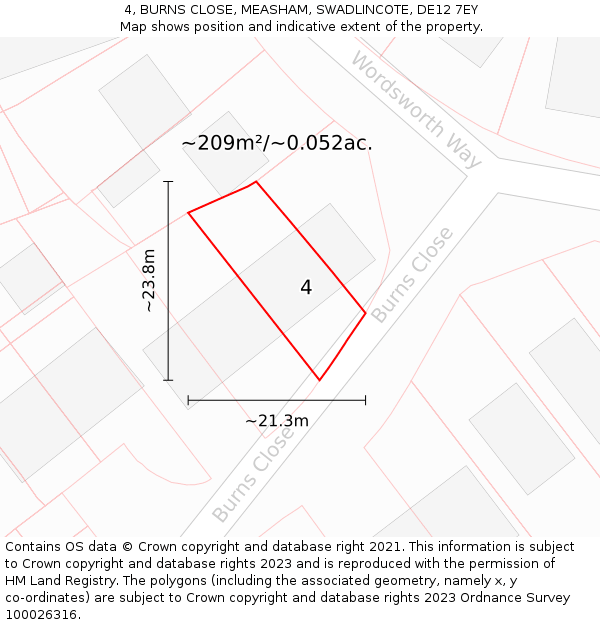 4, BURNS CLOSE, MEASHAM, SWADLINCOTE, DE12 7EY: Plot and title map