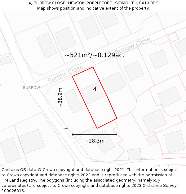 4, BURROW CLOSE, NEWTON POPPLEFORD, SIDMOUTH, EX10 0BS: Plot and title map
