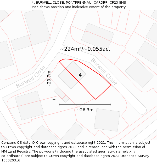 4, BURWELL CLOSE, PONTPRENNAU, CARDIFF, CF23 8NS: Plot and title map