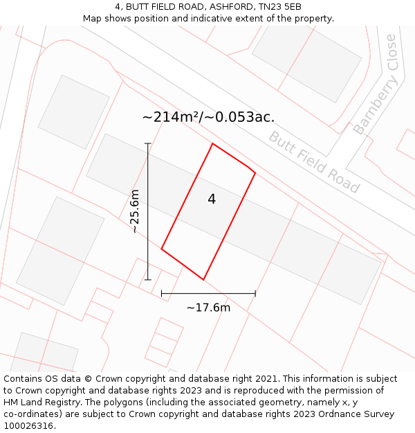 4, BUTT FIELD ROAD, ASHFORD, TN23 5EB: Plot and title map