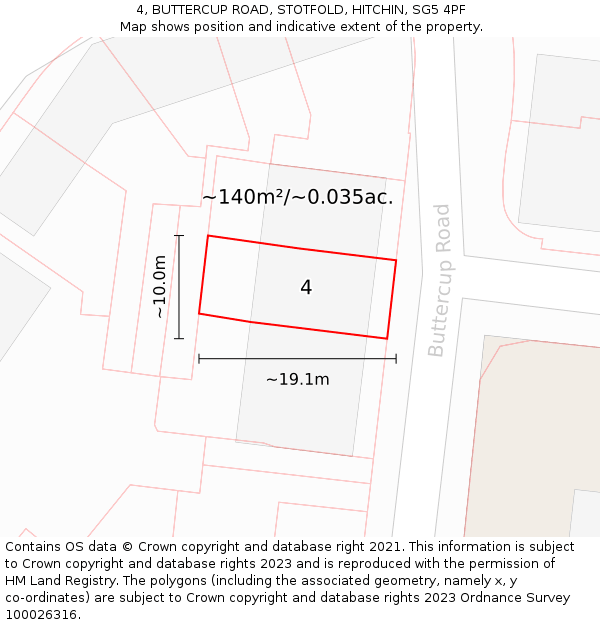 4, BUTTERCUP ROAD, STOTFOLD, HITCHIN, SG5 4PF: Plot and title map