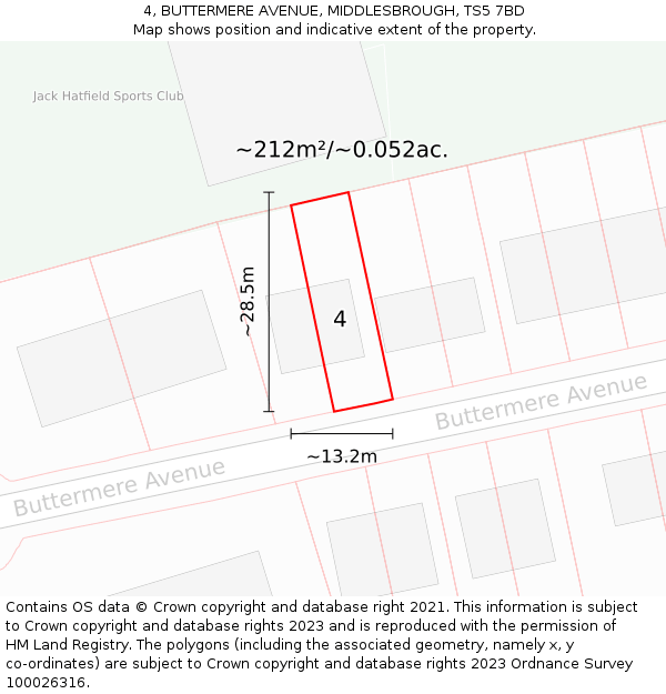 4, BUTTERMERE AVENUE, MIDDLESBROUGH, TS5 7BD: Plot and title map