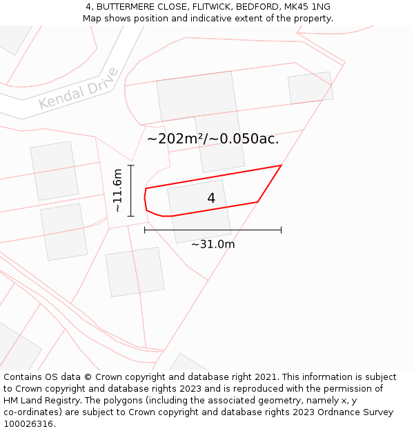 4, BUTTERMERE CLOSE, FLITWICK, BEDFORD, MK45 1NG: Plot and title map