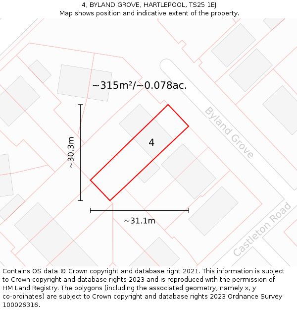 4, BYLAND GROVE, HARTLEPOOL, TS25 1EJ: Plot and title map