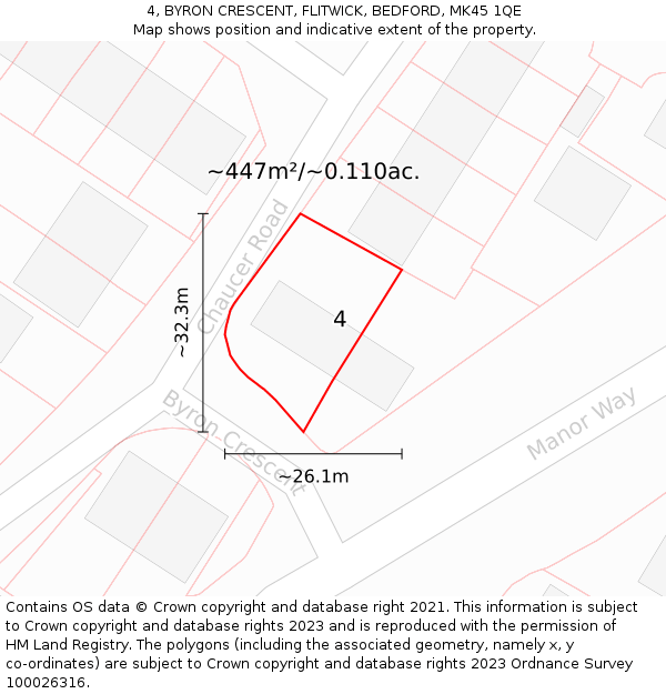 4, BYRON CRESCENT, FLITWICK, BEDFORD, MK45 1QE: Plot and title map