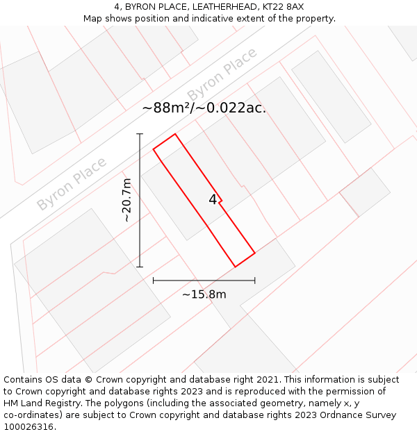 4, BYRON PLACE, LEATHERHEAD, KT22 8AX: Plot and title map