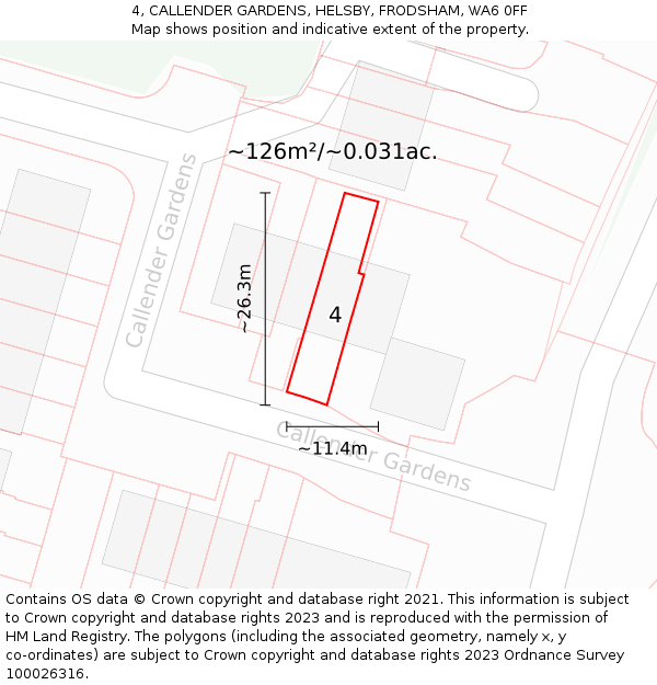 4, CALLENDER GARDENS, HELSBY, FRODSHAM, WA6 0FF: Plot and title map