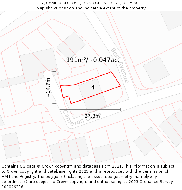 4, CAMERON CLOSE, BURTON-ON-TRENT, DE15 9GT: Plot and title map