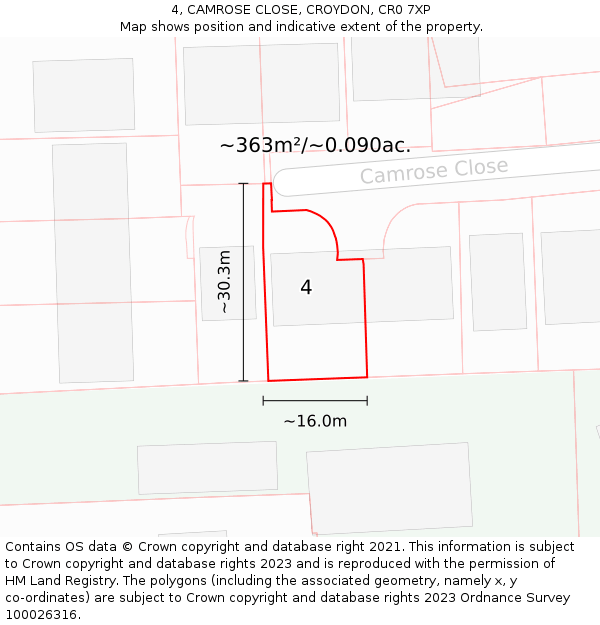 4, CAMROSE CLOSE, CROYDON, CR0 7XP: Plot and title map