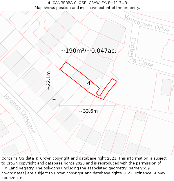 4, CANBERRA CLOSE, CRAWLEY, RH11 7UB: Plot and title map