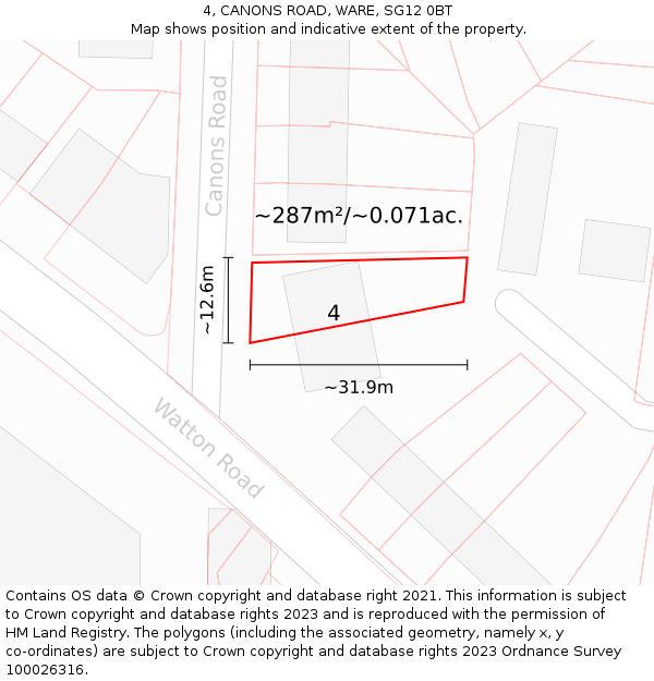 4, CANONS ROAD, WARE, SG12 0BT: Plot and title map