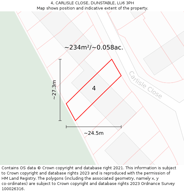 4, CARLISLE CLOSE, DUNSTABLE, LU6 3PH: Plot and title map